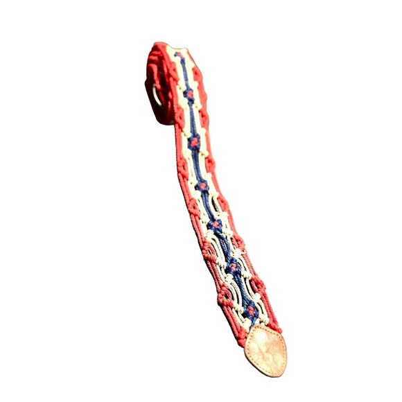 Y2K Women Crochet Braid Wide Belt 42" Red Multi Boho Hippie Round Buckle Leather - Picture 6 of 8